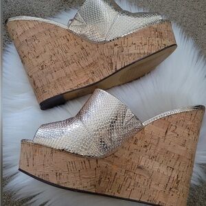 Express Metallic Gold Snakeskin Cork Wedge Heels